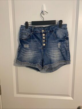 High-Rise Button-Front Denim Shorts - Blue